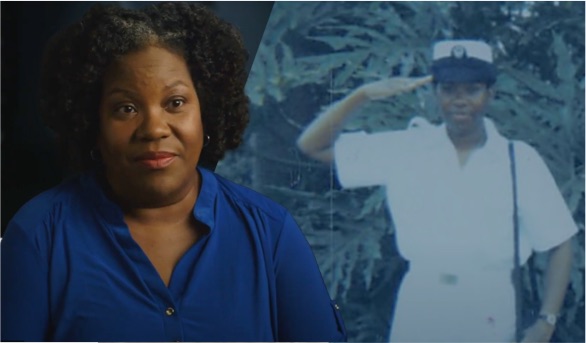 Side-by-side images of the same woman. In the left image, she is older, smiling, and wearing a blue shirt. In the right image, she is younger, saluting in a Navy uniform.